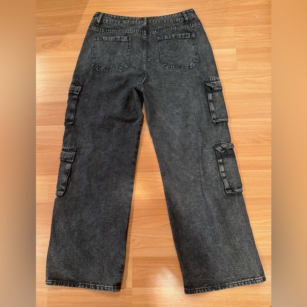 Black Acid Wash Women’s Wide Leg XL Cargo Denim Jeans High Rise Measure 33x29.5” - Picture 2 of 14